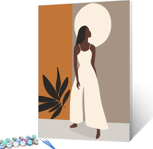 Afro Girl Painting Fashion Black Women Paint by Number Kits 16 x 20 inch Canvas DIY Tropical Leaves Oil Painting for Kids Adults Beginner with Bru...
