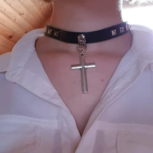 Olbye Cross Short Choker Necklace Black Leather Spike Studded Collar Necklace Goth Prayer Necklaces Punk PU Necklace Jewelry for Women and Girls R...