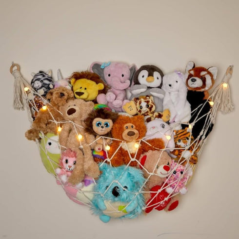 Stuffed Animal Storage Macrame Hammock w/String Lights for Flat Walls - Large, 2 Pack - Boho Decor Toy Storage - Hanging Plushie Stuffed Animal Ne...