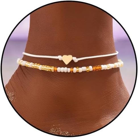 Handmade Beaded Anklets for Women Gold Heart Anklet Chain Boho White Beaded Ankle Bracelets Adjustable Beach Foot Anklet Set Summer Jewelry Gift f...