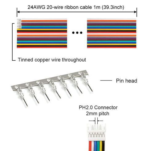 JST PH 2.0 Connectors Pin Header and Ribbon Cable Wire Kit 2.0mm Pitch JST PH - 2/3/4/5/6/7/8 Male Pin Female Housing...
