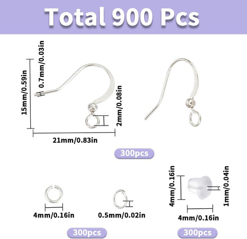 SUNNYCLUE 1 Box 300Pcs Silver Earring Hooks French Hook Earring Wires & 300Pcs Jump Rings & 300Pcs Ear Backs Brass Earwires Fish Hook Earring Find...