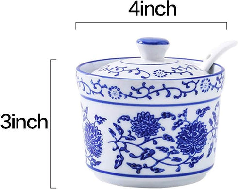 123Arts Ceramic Sugar Bowl Flower Relief Seasoning Jar Spice Jar with Lid and Spoon...
