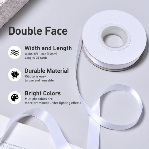 YAMA White Double Face Satin Ribbon 5/8 inch 25 Yards White Ribbon for Gift Package Wrapping Floral Design Hair Bow Clip Making Crafting Sewing We...