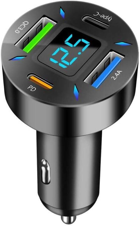 66W Car Charger Cigarette Lighter USB Charger, 4-Port Car Charger, 2 * USB 2.4 +PD+Type C Cigarette Lighter AdapterVoltmeter Compatible with Samsu...