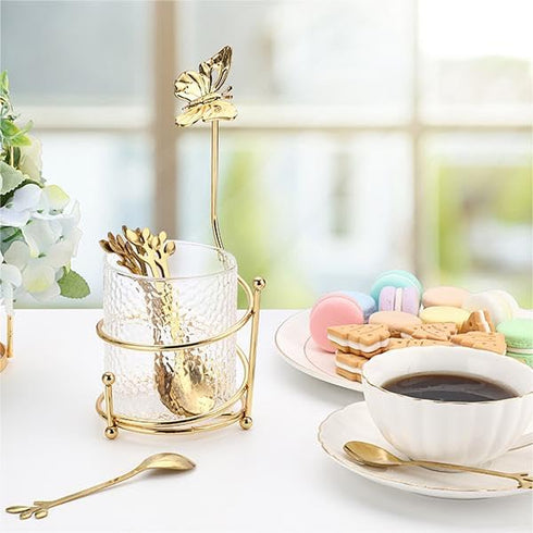 ELLDOO Coffee Spoon Set, Clear Glass Holder with 8 Stainless Steel Gold Leaf Coffee Spoons, Creative Flatware Set for Stirring, Mixing, Sugar, Ice...