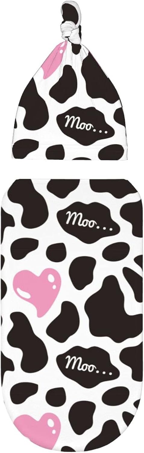 Cow Print Newborn Swaddle Blanket Baby Pink Heart Swaddle Blankets with Beanie Hat Sets Infant Gifts for Boys Girls Soft...