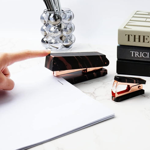 Office Stapler Staples Remover Set, Marble Black Print Rose Gold Tone Desk Executive Manual Staplers and Staple Remover Tool for Desktop Accessori...