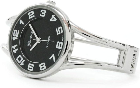 STC Silver Black Round Face Metal Double Band Fashion Women's Bangle Cuff Watch...
