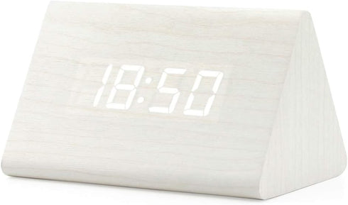 OCT17 Wooden Wood Clock, New Version LED Alarm Digital Desk Clock Adjustable Brightness, Alarm Time, Displays Time Date Temperature - White...