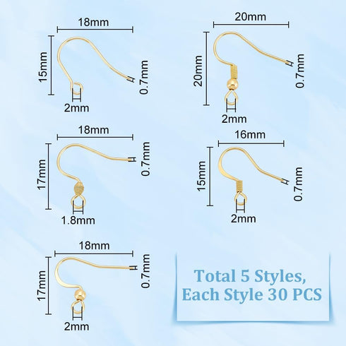 UNICRAFTALE about 150Pcs 5 Styles Stainless Steel Earring Hooks Real 18K Gold Plated Ear Wire with Loops Earwire Hooks Metal Earring Hooks with Co...