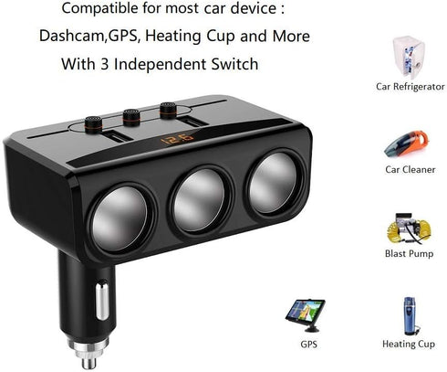 LIHAN 3 Socket Cigarette Lighter Adapter, Car Charger Plug Splitter with Dual USB Ports, 12V/24V Meter Monitor, Compatible with iPhone, LG, HTC, S...