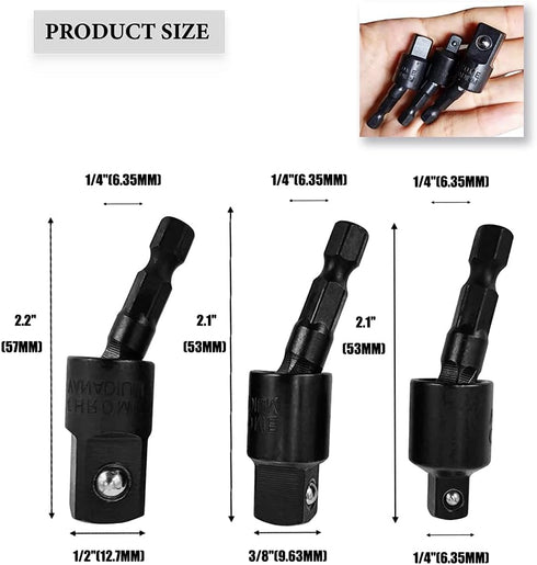 Swivel Socket Set Wobble Impact Adapter Extension Set, 3 PCS Impact Driver Socket Drill Adapter Set 1/2” 3/8” 1/4” Rotatable 1/4-Inch Hex Bit Univ...