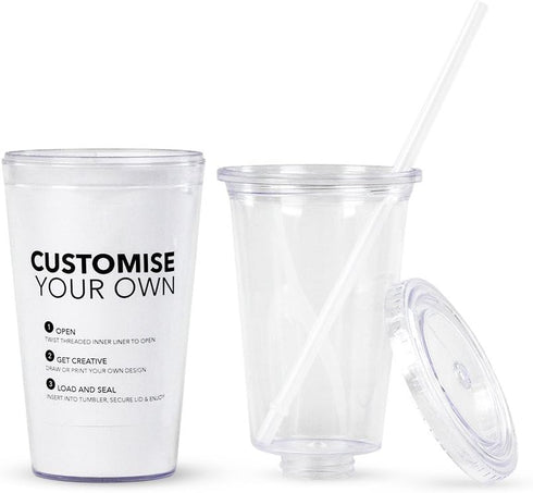 Simple Green Solutions - Customizable Paper Insert Acrylic Double Wall Cup for Cold Drinks, Clear Reusable Cups with Lids & Straws, Insulated Plas...