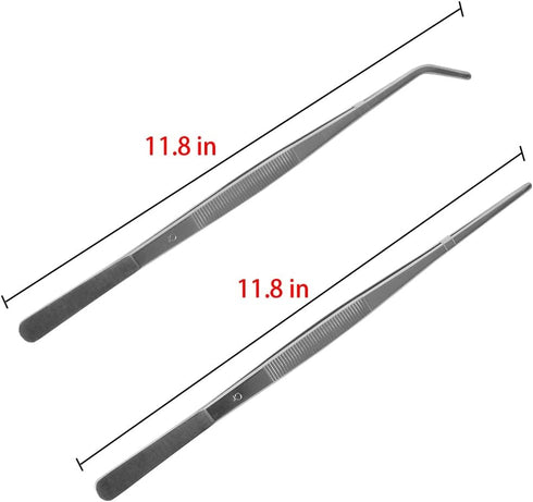 2 Pcs 12 Inch Silver Long Handle Stainless Steel Straight and Curved Tweezers Nippers, Set with Serrated Tips Comfortable Ridged Handle for Garden...