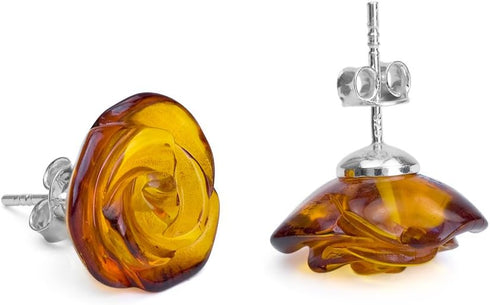 Ian and Valeri Co. Amber Sterling Silver Carved Rose Stud Earrings....