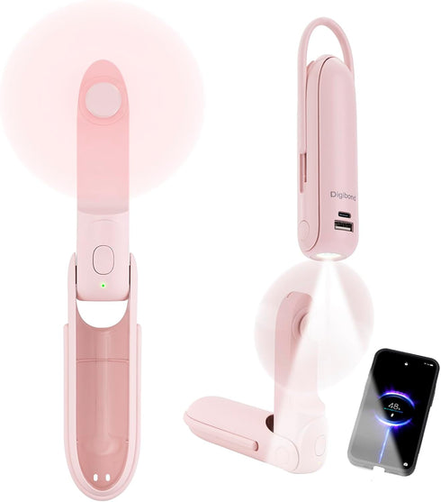 Pink Handheld Fan, Portable Fan Bullet Shape 3000mAh USB Rechargeable Battery Operate 6 IN 1 Personal Fan Foldable Lightweight Travel Essential wi...
