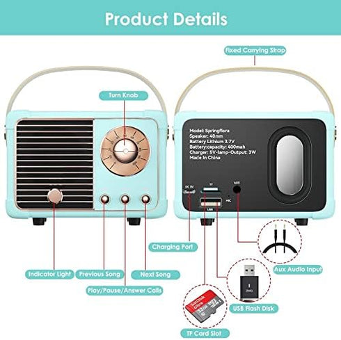 Retro Bluetooth Speaker,Wireless Vintage Small Speaker with Stereo Sound,Hands-Free Call,400mA Battery,TF Card, Aux Line,Water-Proof for iOS Andro...