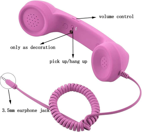 Retro 3.5mm Telephone Handset Cell Phone Receiver Mic Microphone Speaker for iPhone iPad Mobile Phones Cellphone Smartphone (Pink)...