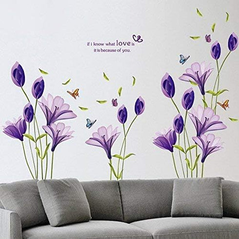Removable Purple Lovely Lily Flowers Wall Stickers DIY Flower Vines Art Quotes and Butterfly Decal for Home Living Room Girls Bedroom Playroom Bat...