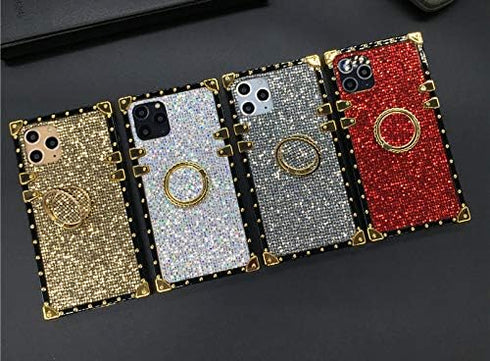 for Samsung Galaxy Z Flip 4 Bling Case,Luxury Bling Glitter Sparkle Cute Gold Square Corner Soft Trunk Cover with Finger Ring Grip Kickstand Phone...