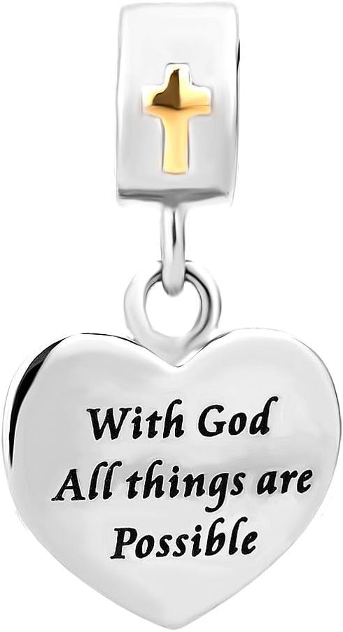 LovelyCharms Cross Charm With God All things are Possible Religious Dangle Bead Fits European Bracelets (Heart)...