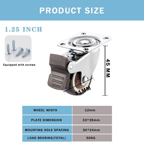 1.25 inch Swivel Caster Wheels Bearing Plate Caster Wheels, Rolling Casters for Furniture and Workbench Cart, Set of 4 (2 with Brakes & 2 Without)...