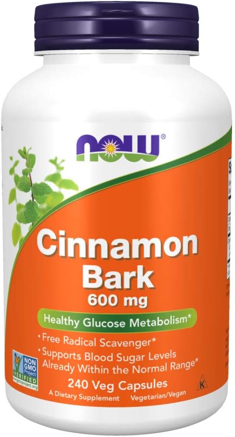 NOW Supplements, Cinnamon Bark 600 mg, Non-GMO Project Verified, Healthy Glucose Metabolism*, 240 Veg Capsules...