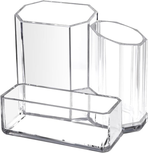 Clear Acrylic Pencil Pen Holder Cup, Desk Organizers and Accessories, Makeup Brush Holder 3 Compartments, Modern Minimalist Desktop Stationery Sto...