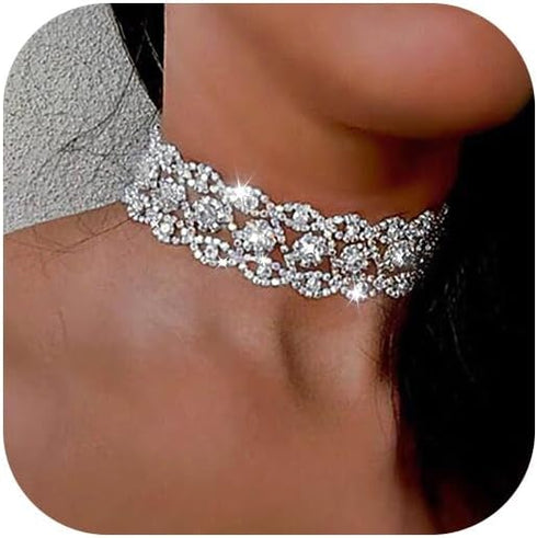 JAKAWIN Rhinestone Choker Necklace Jewelry Adjustable Collar Necklaces Silver Chokers for Women and Girls NK126...
