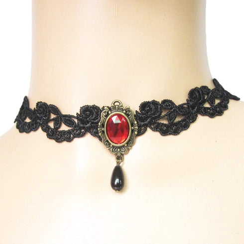 Gothic Black Choker Lace Necklace Royal Court Vampire Choker Necklace with Red Rhinestone and Black Teardrop Pendant Halloween Costume Jewelry for...
