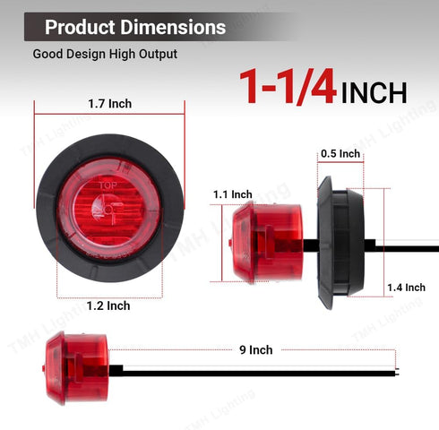 12 Pcs TMH 1-1/4 Inch Mount Red LENS & Red LED Clearance Markers, side marker lights, led marker lights, led side marker lights, led trailer marke...