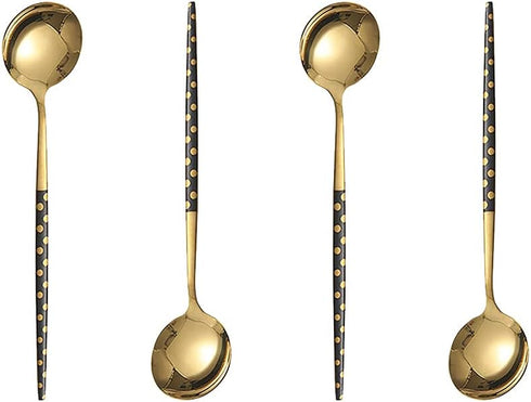 Stainless Steel Soup Spoon,Korean Dessert Spoon,Polka Dot Mixed Color Spoon for Home, Kitchen or Restaurant, Set of 4 Black Polka Dot Soup Spoons,...