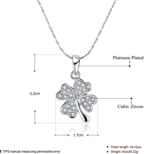 Platinum plated Four Leaf Clover Pendant Necklace, Heart Leaves Paved with Cubic Zirconium Diamond Gift for Women Girls 18"+2" extension chain...