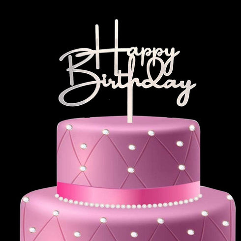 Happy Birthday Cake Topper for Birthday Party Decorations - Mirror Silver Acrylic...