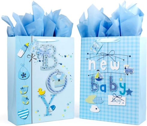 Golden J Store 16.5" Extra Large Baby Gift Bags with Tissue Papers for Baby Showers 2-Pack (Blue)...