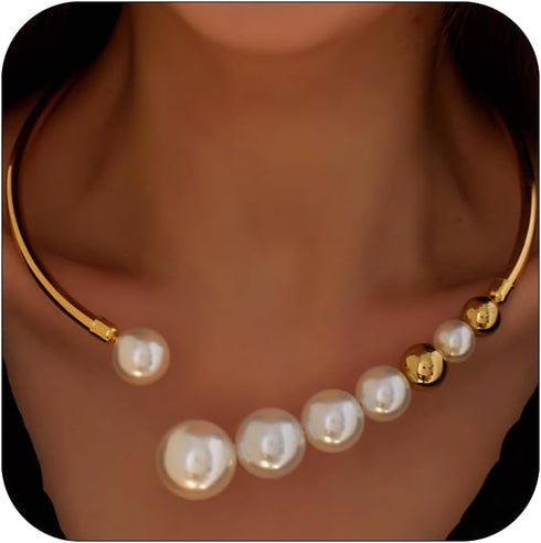 Metal Big Pearl Open Choker Necklace for Women Adjustable Gold Big Pearl Choker Necklaces Round Open Cuff Necklace Chunky Pearl Necklace for Women...