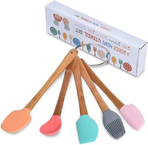 5 Piece Silicone Spatula,Mini Rubber Spatula Wooden Handle,Heat Resistant Silicone Spatula Set,Kitchen Utensils Non-Stick For Baking,Cooking And M...