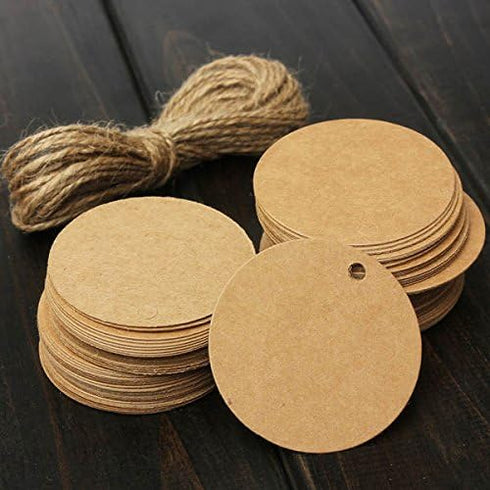 Teensery 100 Pcs Round Shape Blank Cards Kraft Paper Tags Label Price Tag Wedding Party Name Card Gift Tags Kraft Hanging Tag with String (Brown)...
