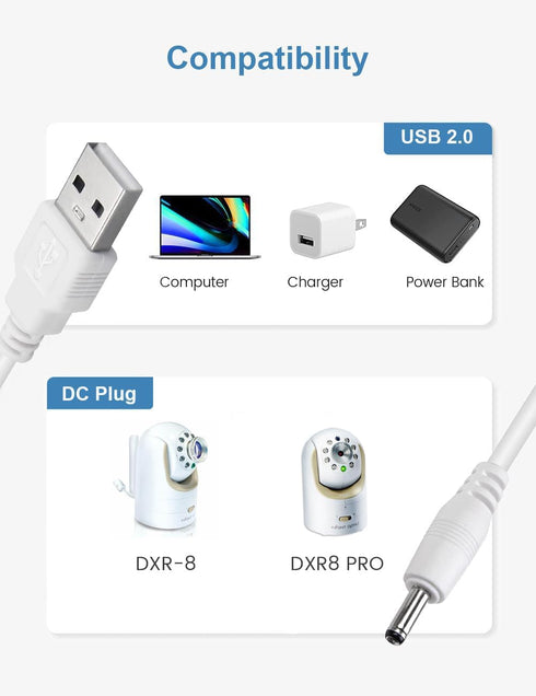 Charger Cord for Infant Optics DXR-8 / DXR8 PRO Camera Unit, Round-Pin Power Cable...