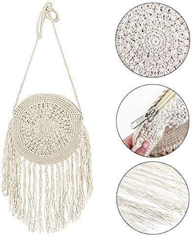 Women Crochet Fringed Shoulder Bag Cotton Tassel Crossbody Bag Hippie Beach Purse...