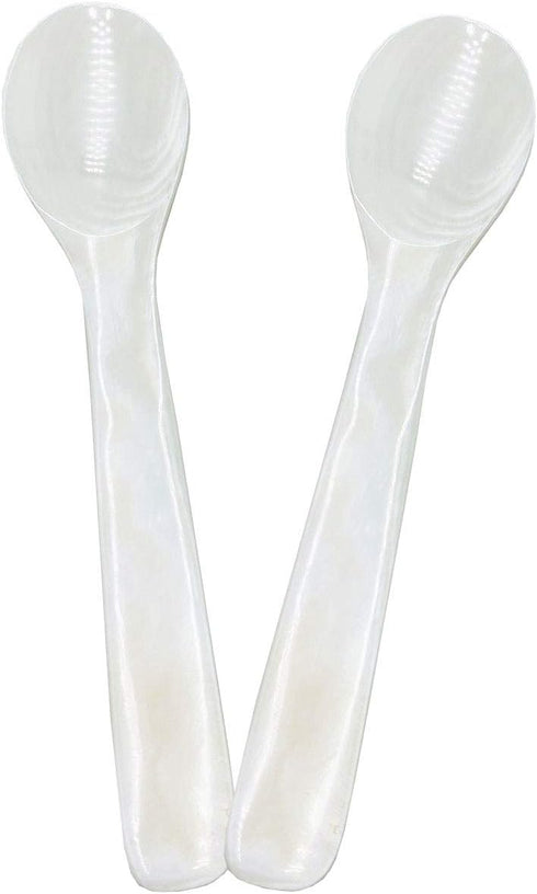 2 Pack 4.73inch Caviar Spoons Handcraft Mother of Pearl MOP Caviar Spoon W Round Handle with One Plastic Storage Box - White, Style D...