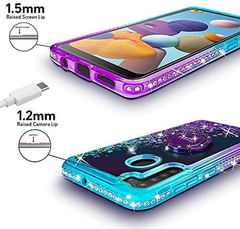 Silverback for Galaxy A21 Case, Moving Liquid Holographic Sparkle Glitter Case with Kickstand, Bling Diamond Rhinestone Ring Protective Girls Wome...