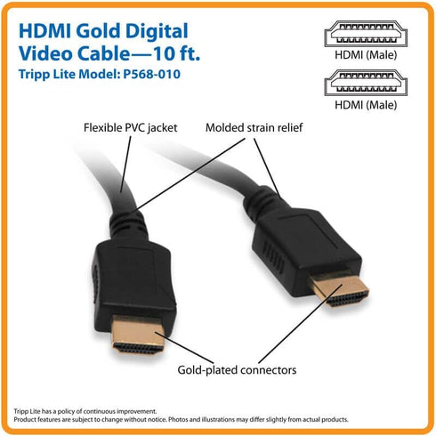 Tripp Lite High Speed HDMI Cable, Ultra HD 4K x 2K, Digital Video with Audio (M/M), Black, 10-ft. (P568-010),Multicolor...