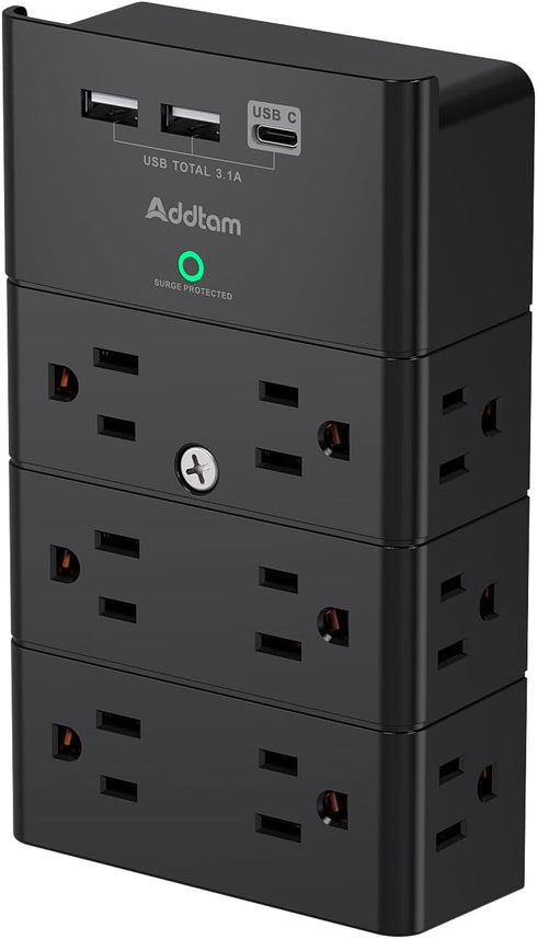 Multi Plug Outlet - Addtam Surge Protector Wall Mount with 12 Outlet Extender- 3 Sides and 3 USB Ports (1 USB-C), Outlet Splitter Power Strip for ...