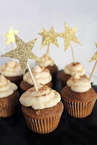 WARMBUY Gold Glitter Cupcake Cake Toppers, Double Sided Stars, 50 Pack...