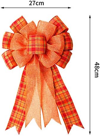 Iceyyyy Extra Large Fall Wreath Gift Bow -18.8x10.6inch Orange Buffalo Plaid Check Wreath Bow Swag Bow Thanksgiving Wreath Pre-Tied Bow For Fall, ...