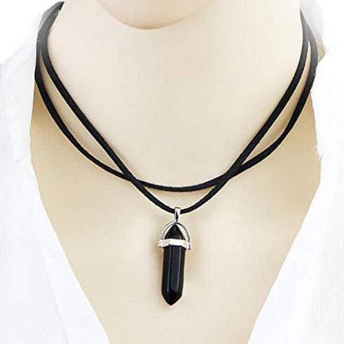 Layered Choker Necklace Crystal Choker Chakra Suede Choker Hexagonal Gemstone Pendant Necklace Bohemia Jewelry for Women(Black)...