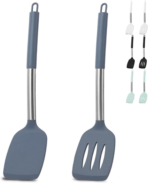Pack of 2 Silicone Spatula Set - Non Stick Silicone Slotted Turner and Solid Turner - 600°F Heat Resistant Cooking Utensils (Grey Blue)...