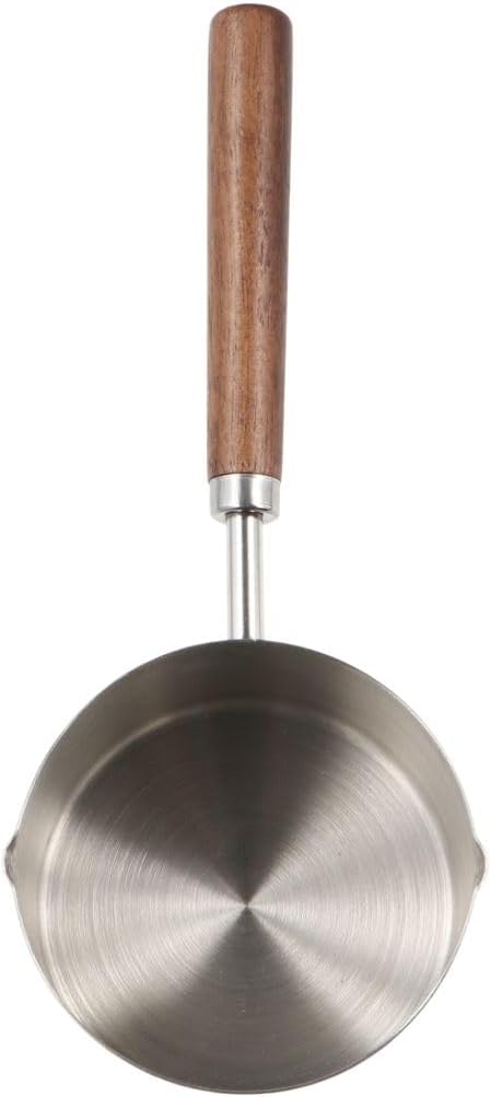 Small Milk Pot Stainless Steel Saucepan Wood Handle Saucepan 250ml Butter Warmer with Dual Pour Spout Candy Melting Pot Mini Frying Pan Soup Pot...